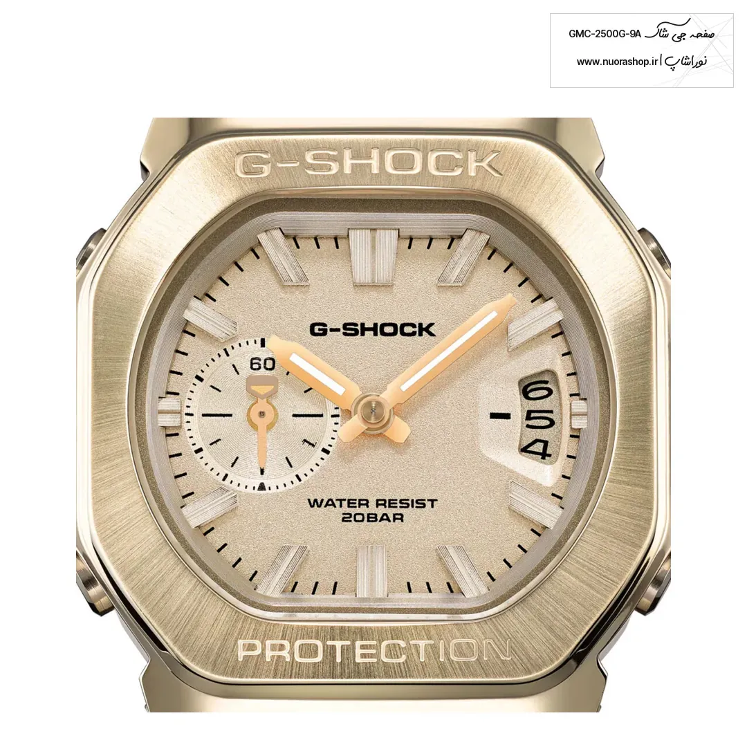 نمای نزدیک صفحه GMC-2500G-9A با ثانیهشمار کوچک و نماد مثلثی جی شاک GAC-2500